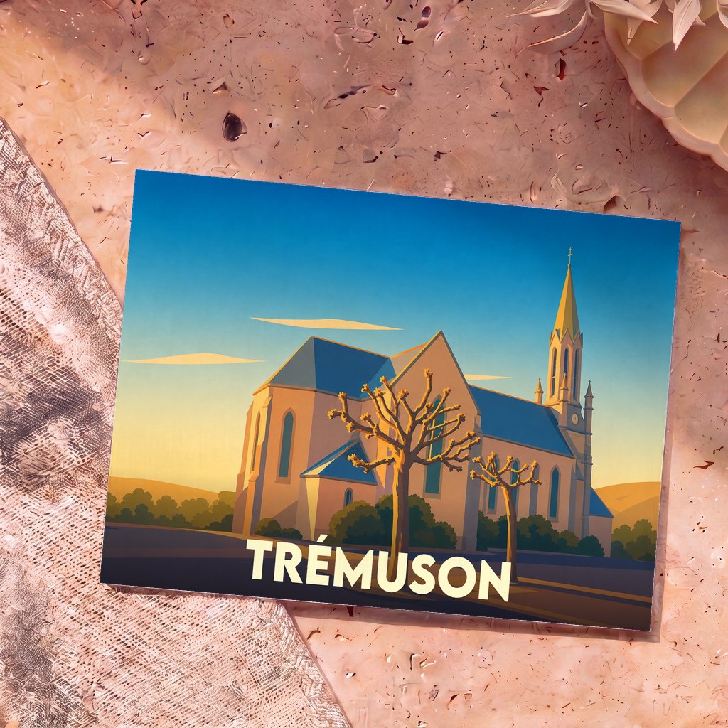 Carte postale souvenir de la ville de Trémuson avec une illustration stylisée de son église au coucher du soleil.