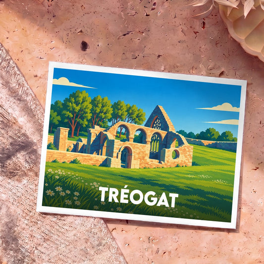 Carte postale souvenir de la ville de Tréogat avec une illustration stylisée des ruines de l'église Saint-Boscat.