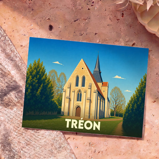 Carte postale souvenir de la ville de Tréon avec une illustration stylisée de son église.