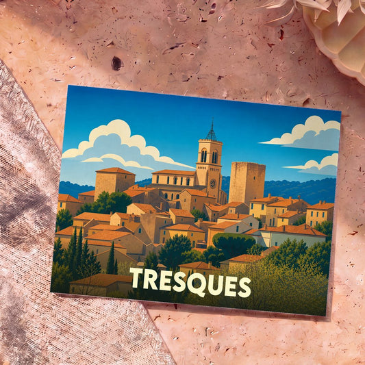 Carte postale souvenir de la ville de Tresques avec une illustration stylisée de son village perché.