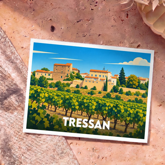 Carte postale souvenir de la ville de Tressan illustrant ses vignobles et son village perché sous un ciel bleu.
