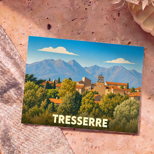 Carte postale souvenir de la ville de Tresserre avec une illustration stylisée d'un village devant des montagnes.