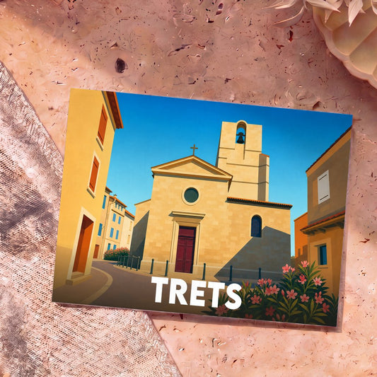 Carte postale souvenir de la ville de Trets avec une illustration stylisée de son église sous un ciel bleu.