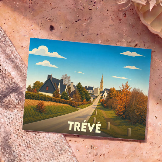 Carte postale souvenir de la ville de Trévé illustrant une route menant au clocher du village dans un style graphique épuré.