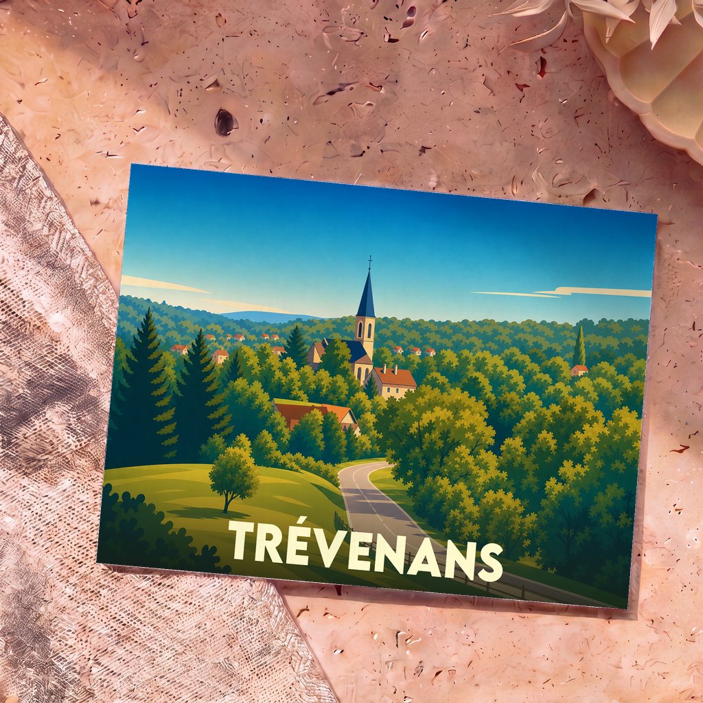Carte postale souvenir de la ville de Trévenans arborant une illustration stylisée d'un village verdoyant.