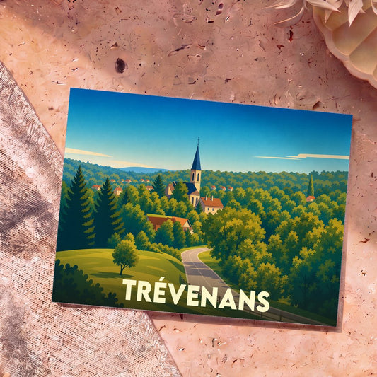 Carte postale souvenir de la ville de Trévenans arborant une illustration stylisée d'un village verdoyant.