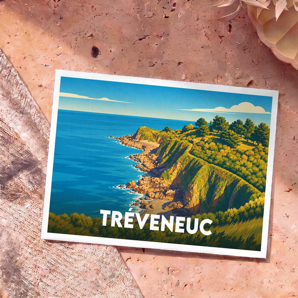 Carte postale souvenir de la ville de Tréveneuc illustrant une côte escarpée et verdoyante bordée par la mer.