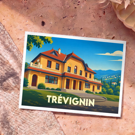 Carte postale souvenir de la ville de Trévignin avec une illustration stylisée d'un bâtiment jaune sous un ciel bleu.