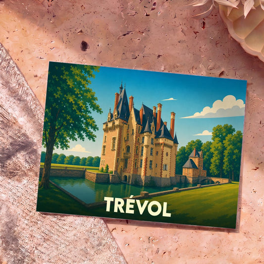 Carte postale souvenir de la ville de Trévol illustrant un château entouré d'eau dans un style graphique épuré.