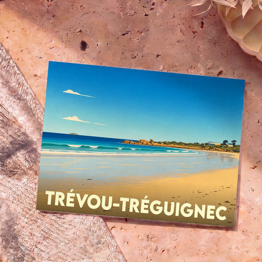 Carte postale souvenir de la ville de Trévou-Tréguignec avec une illustration stylisée de sa plage.