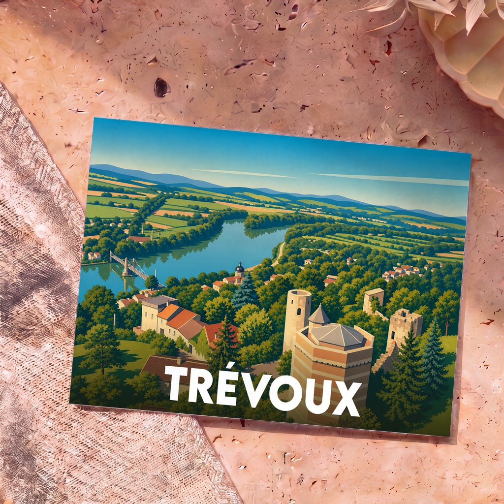 Carte postale souvenir de la ville de Trévoux avec une illustration stylisée surplombant la Saône.