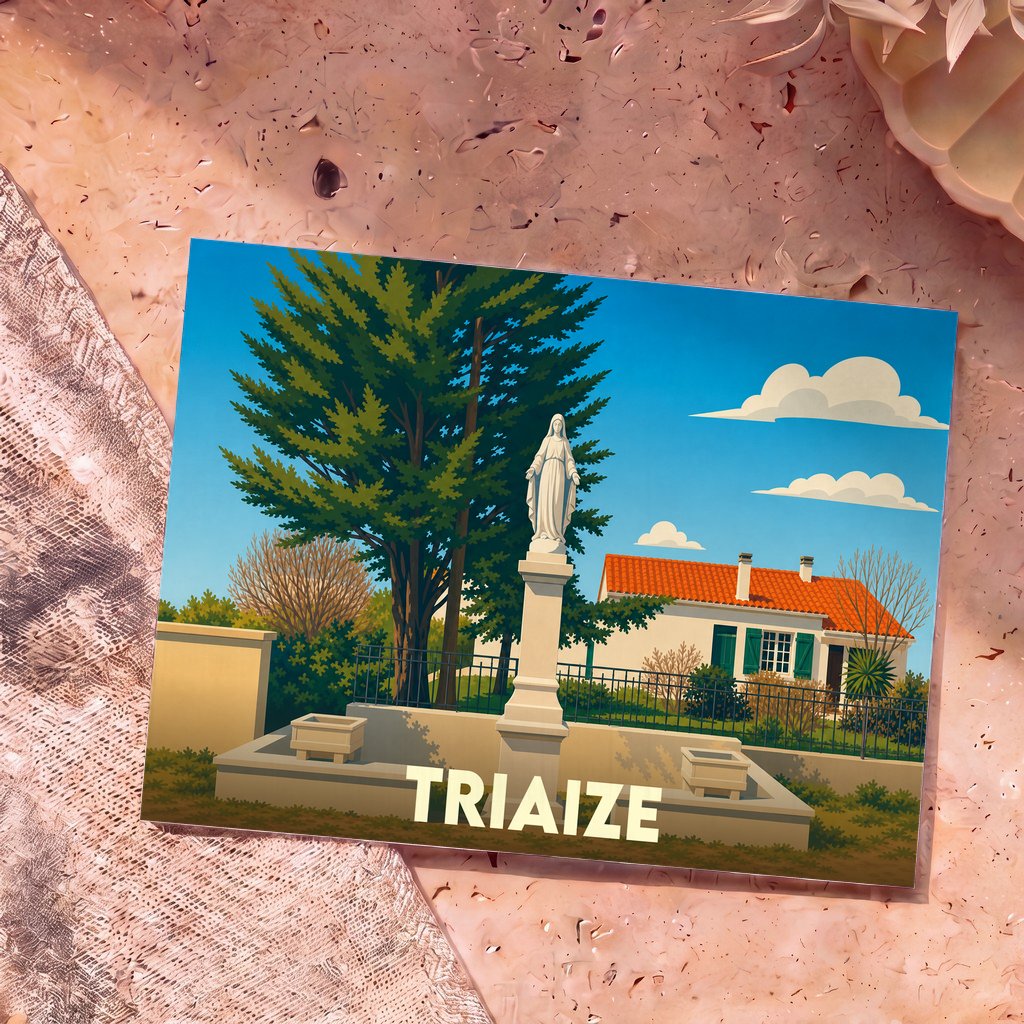 Carte postale souvenir de la ville de Triaize avec une illustration stylisée d'une statue de la Vierge.