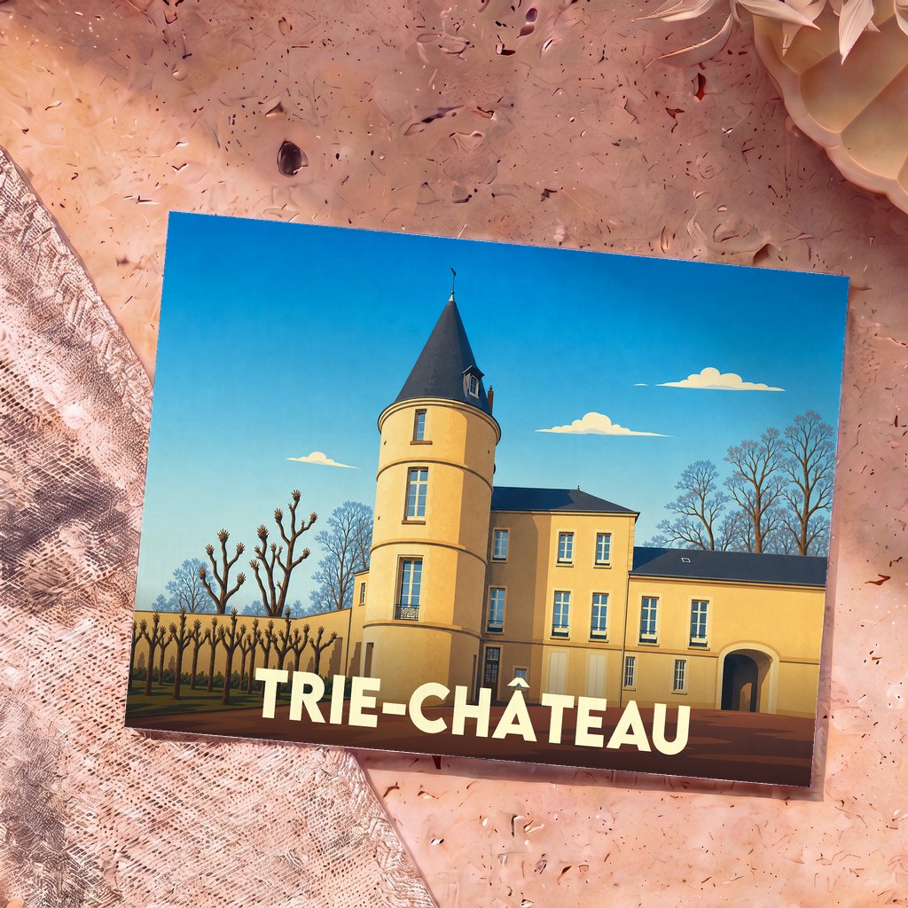 Carte postale souvenir de la ville de Trie-Château avec une illustration stylisée de son château.