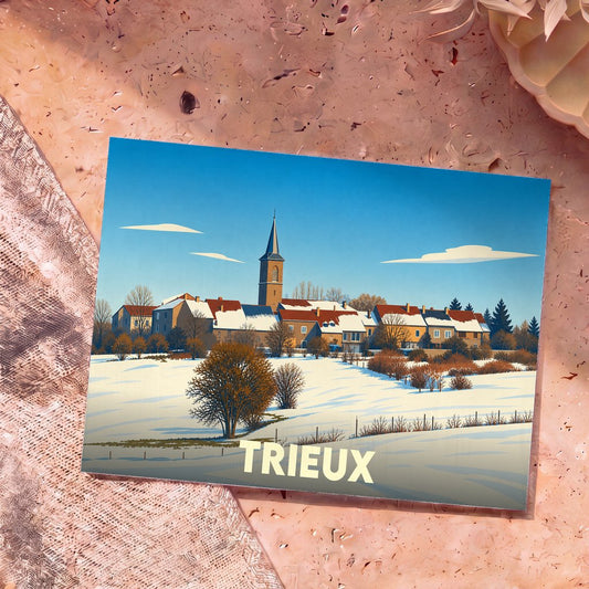 Carte postale souvenir de la ville de Trieux avec une illustration stylisée d'un paysage hivernal.