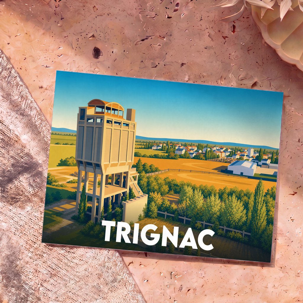 Carte postale souvenir de la ville de Trignac illustrant ses châteaux d'eau emblématiques dans un style graphique épuré.