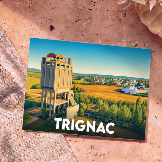 Carte postale souvenir de la ville de Trignac illustrant ses châteaux d'eau emblématiques dans un style graphique épuré.