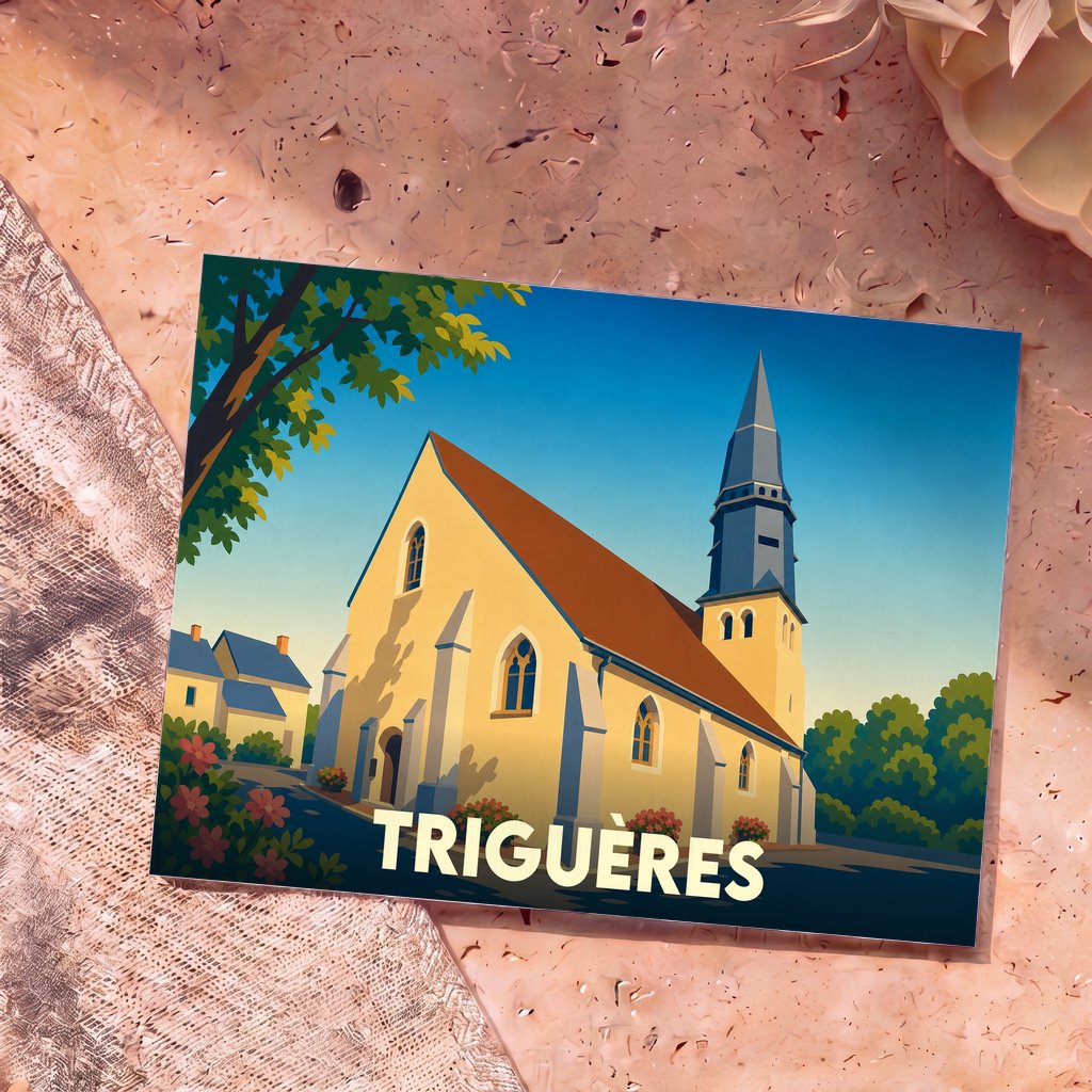 Carte postale souvenir de la ville de Triguères avec une illustration stylisée de son église.