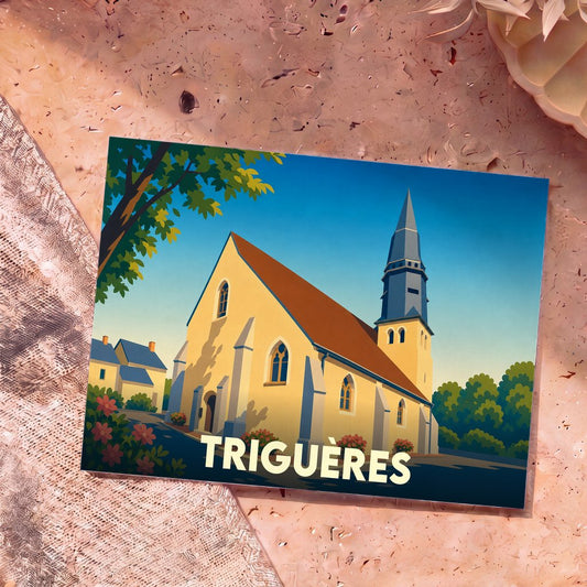 Carte postale souvenir de la ville de Triguères avec une illustration stylisée de son église.