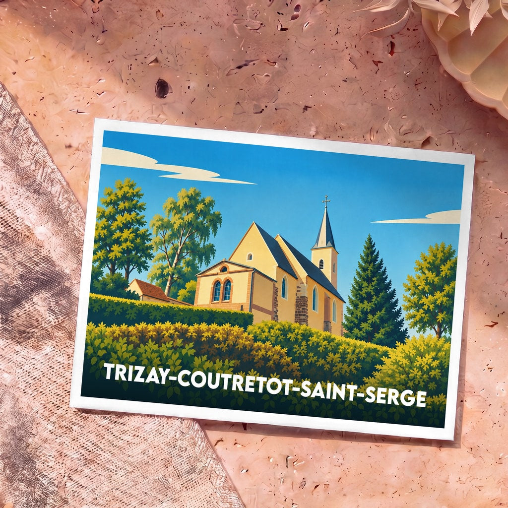 Carte postale souvenir de la ville de Trizay-Coutretot-Saint-Serge avec une illustration stylisée de son église.