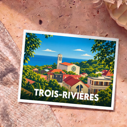 Carte postale souvenir de la ville de Trois-Rivières illustrant un paysage côtier coloré avec son église et ses toits rouges.