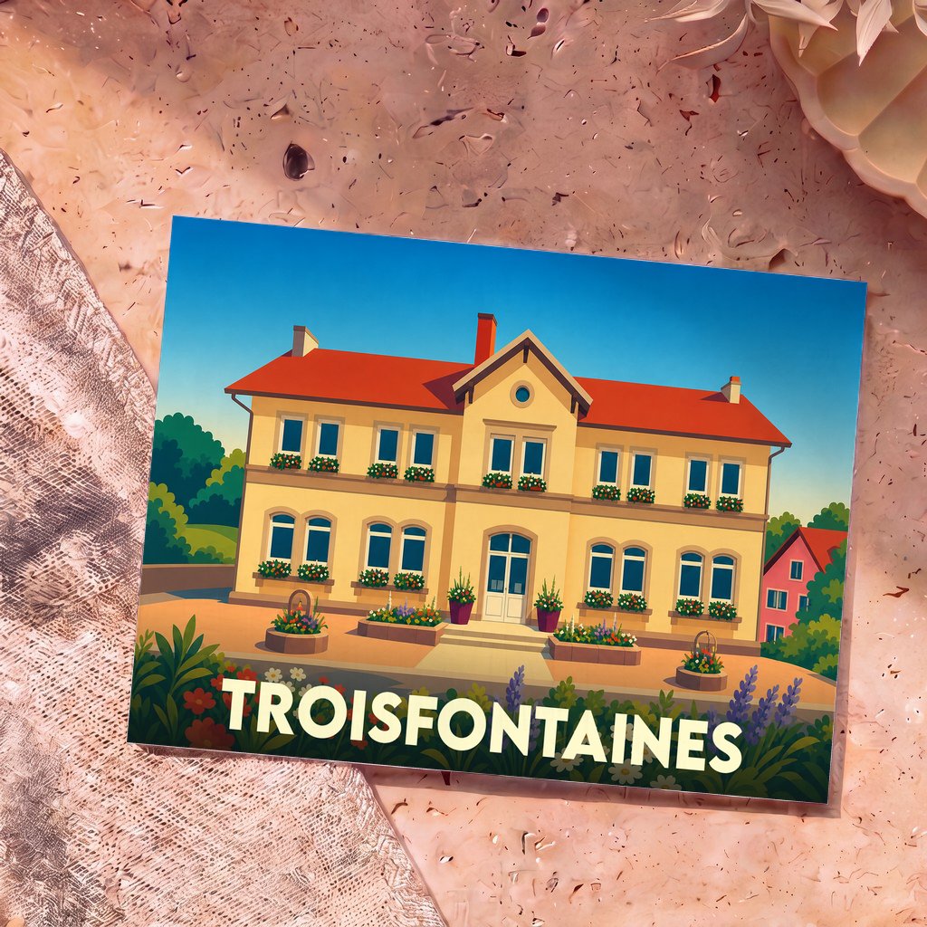 Carte postale souvenir de la ville de Troisfontaines représentant une illustration stylisée d'une grande maison fleurie.