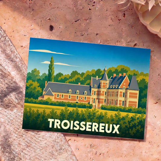Carte postale souvenir de la ville de Troissereux avec une illustration stylisée de son château.