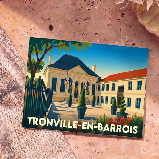 Carte postale souvenir de Tronville-en-Barrois illustrant l'hôtel de ville dans un style graphique épuré et coloré.