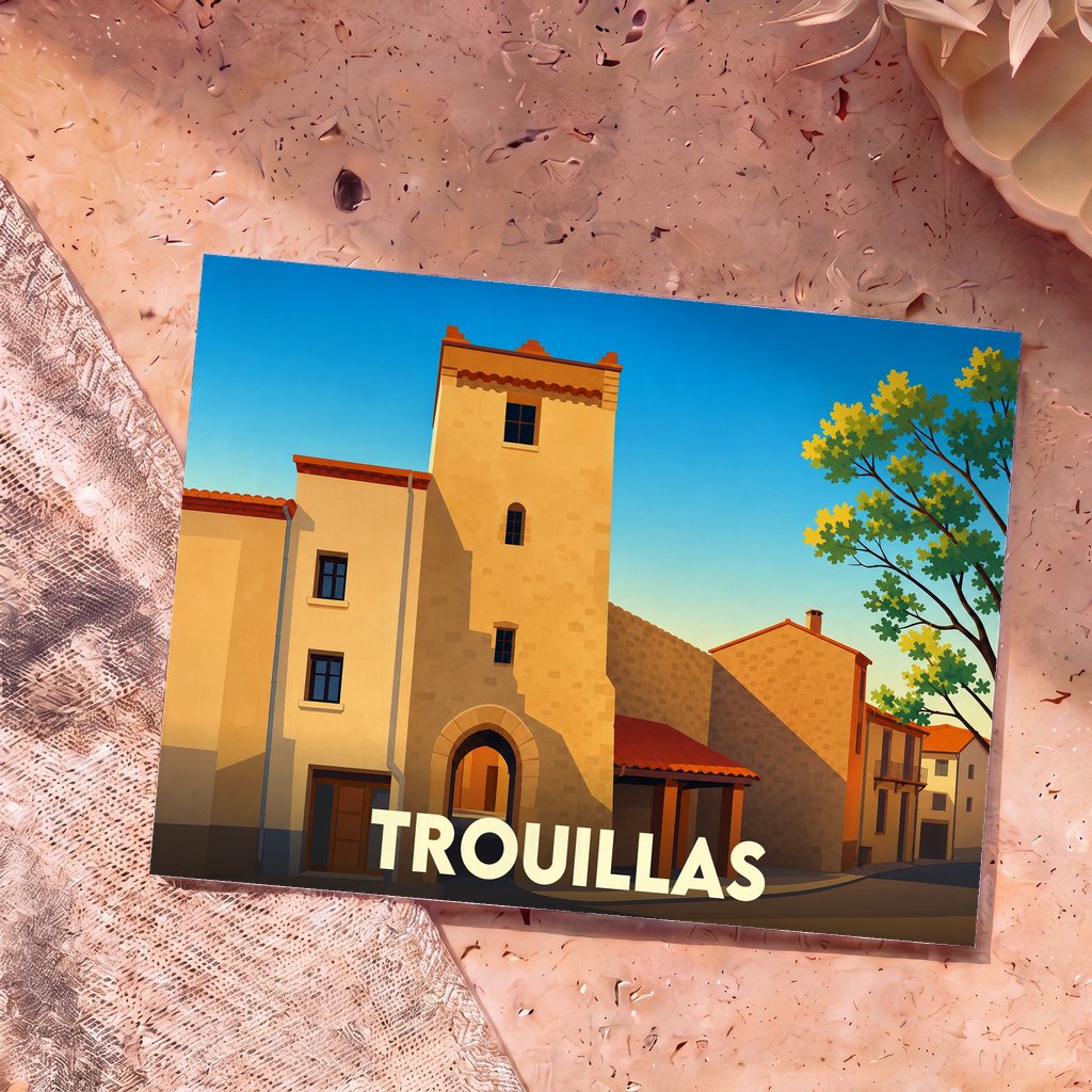 Carte postale souvenir de la ville de Trouillas présentant une illustration stylisée de son architecture traditionnelle sous un ciel bleu.