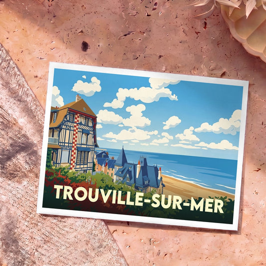 Carte postale souvenir de Trouville-sur-Mer illustrant des villas de bord de mer dans un style graphique et coloré.