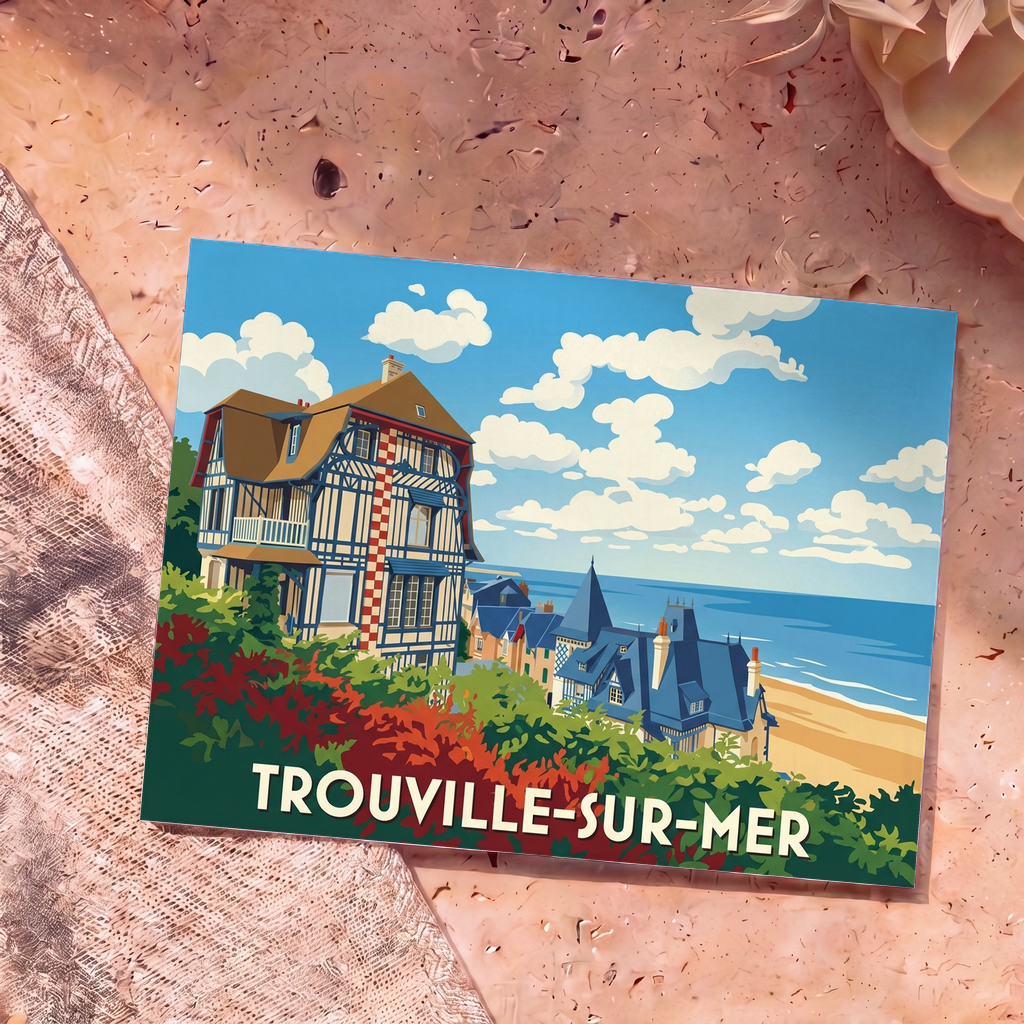 Carte postale souvenir de Trouville-sur-Mer illustrant des villas de bord de mer dans un style graphique et coloré.