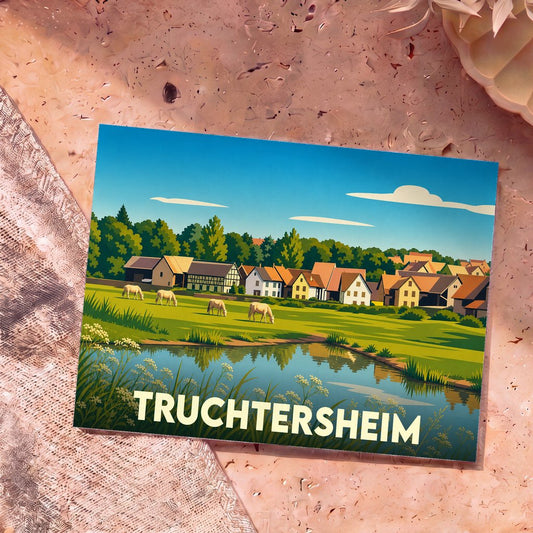 Carte postale souvenir de la ville de Truchtersheim illustrant un paysage de campagne alsacien stylisé avec des maisons à colombages et des chevaux.