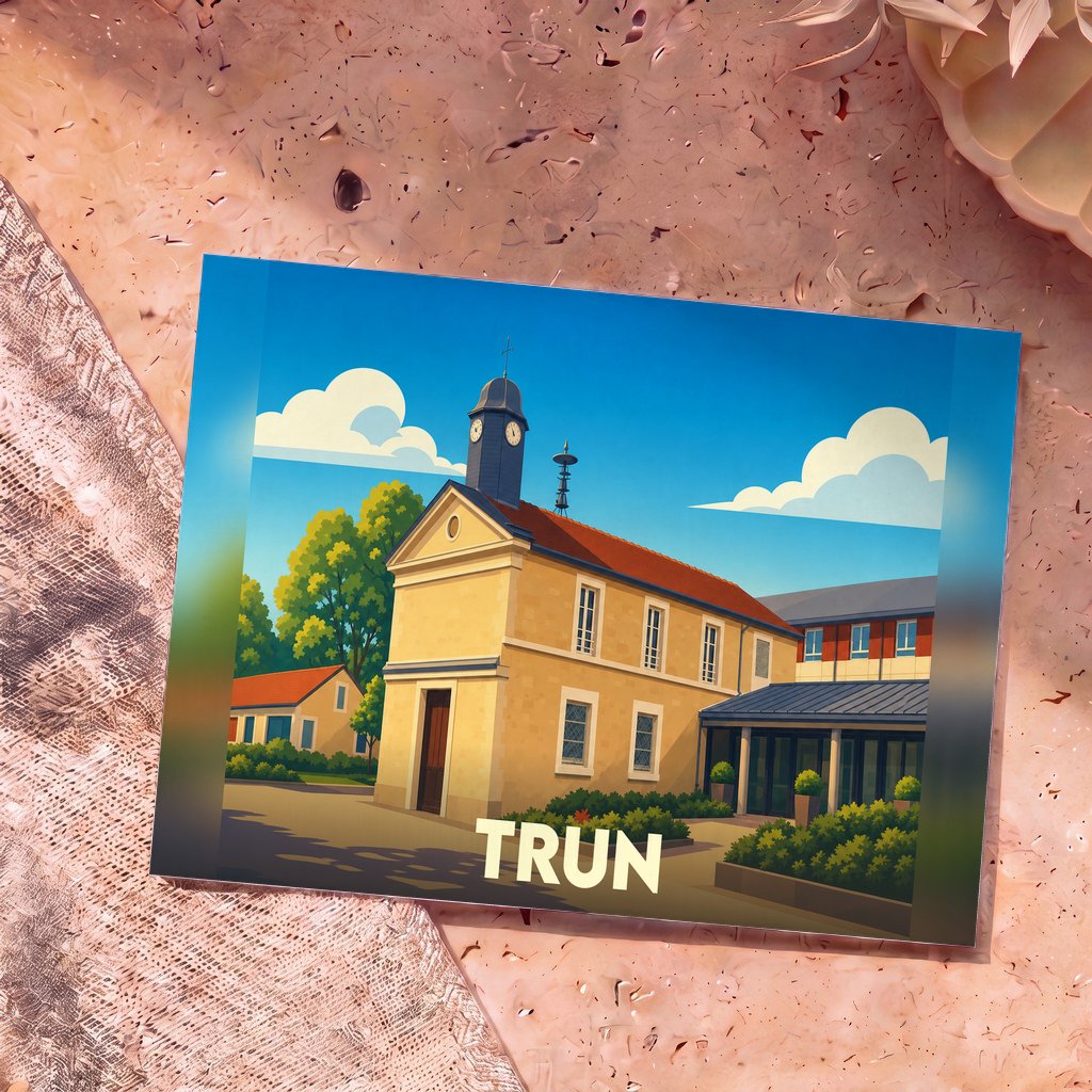 Carte postale souvenir de la ville de Trun avec une illustration stylisée d'un bâtiment historique.