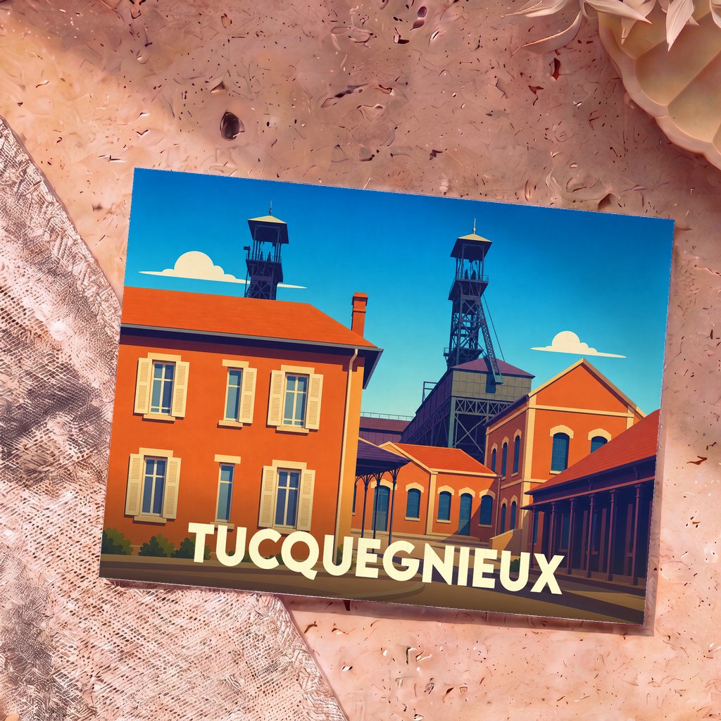 Carte postale souvenir de la ville de Tucquegnieux représentant les anciens puits de mine dans un style illustré.