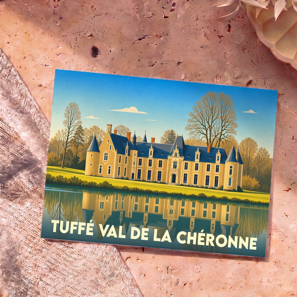 Carte postale souvenir de Tuffé Val de la Chéronne avec une illustration stylisée du château et de son reflet sur l'eau.