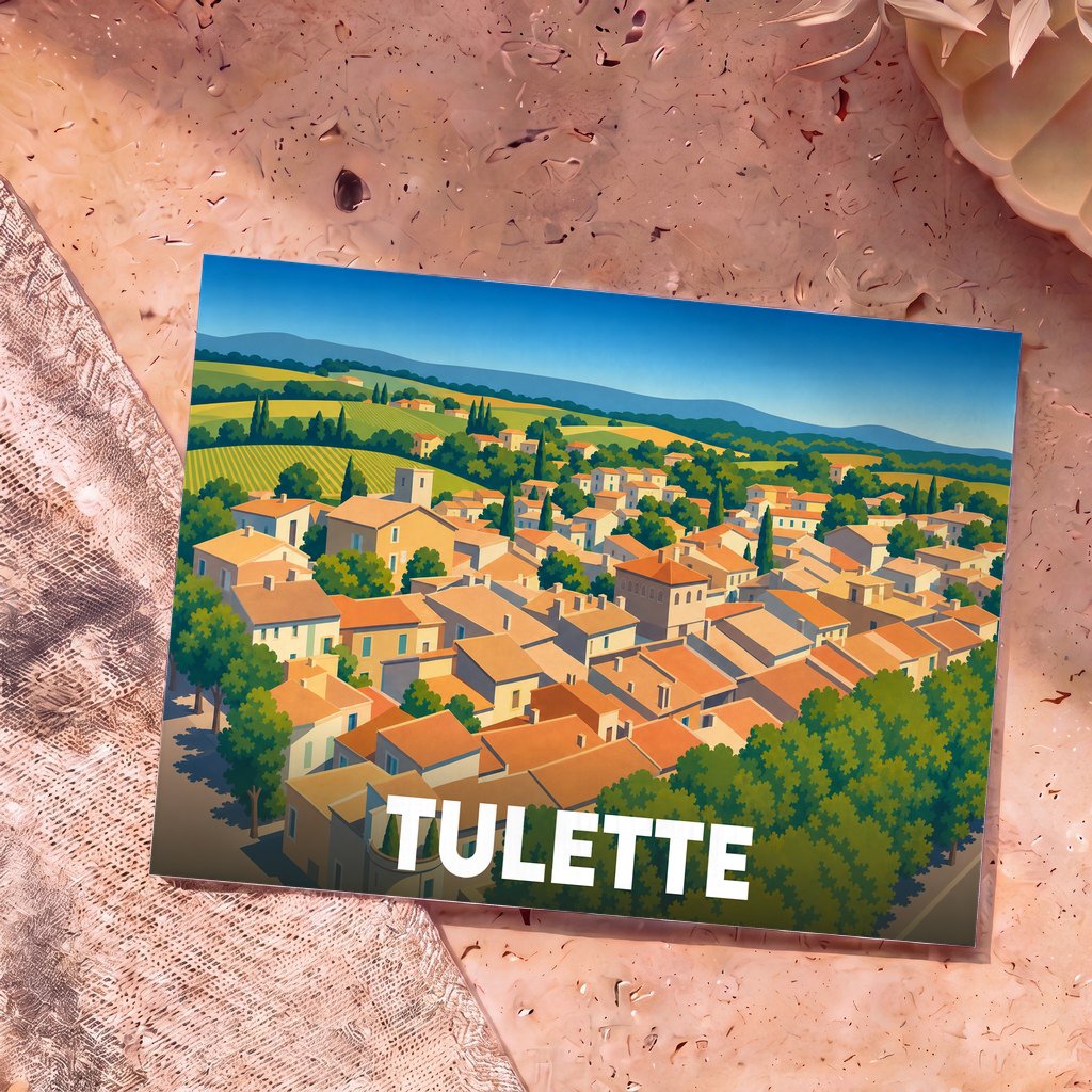 Carte postale souvenir de la ville de Tulette avec une illustration stylisée de ses toits provençaux et de ses paysages vallonnés.