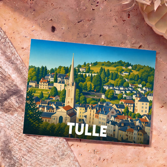 Carte postale souvenir de la ville de Tulle avec une illustration stylisée et colorée.