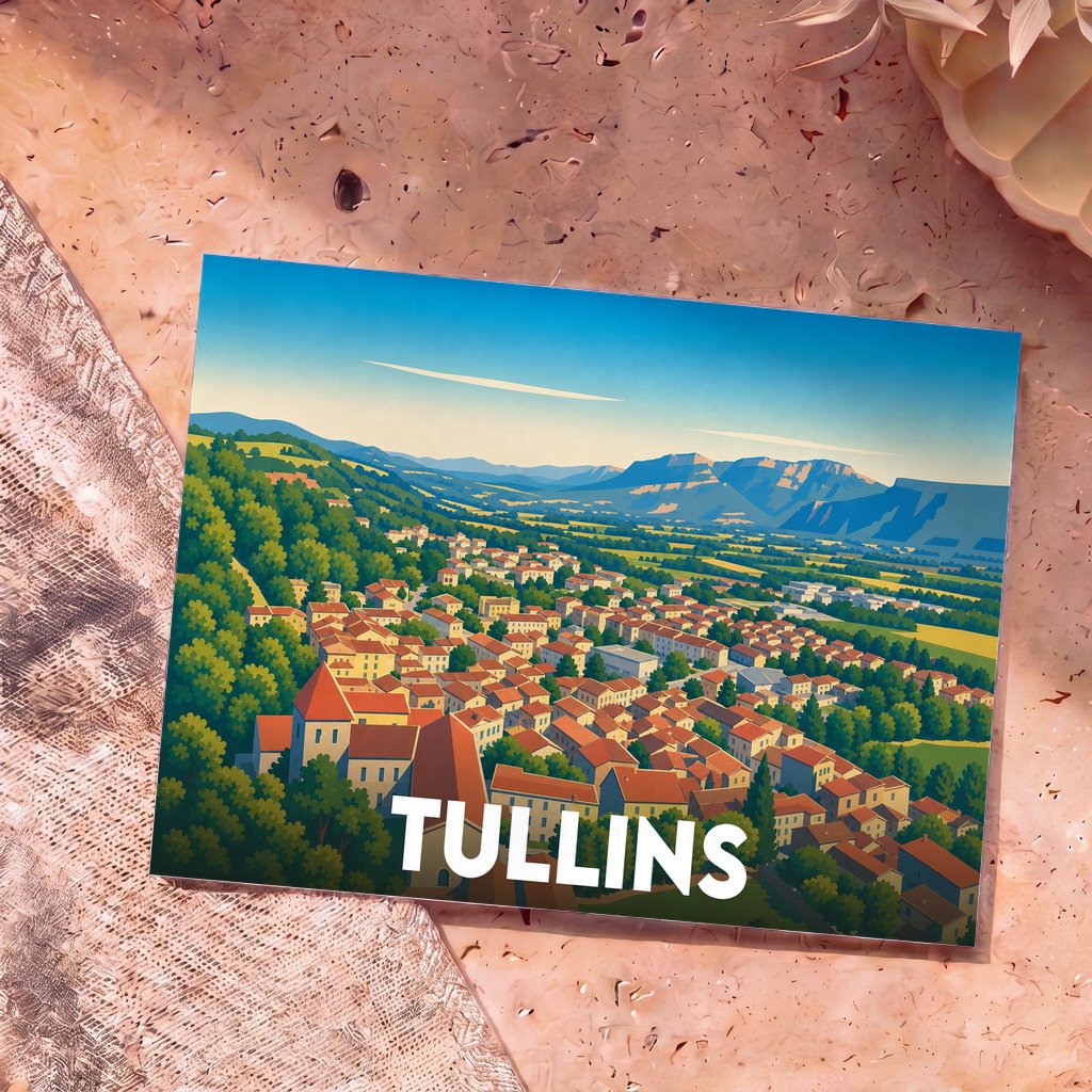 Carte postale souvenir de la ville de Tullins avec une illustration stylisée et colorée.