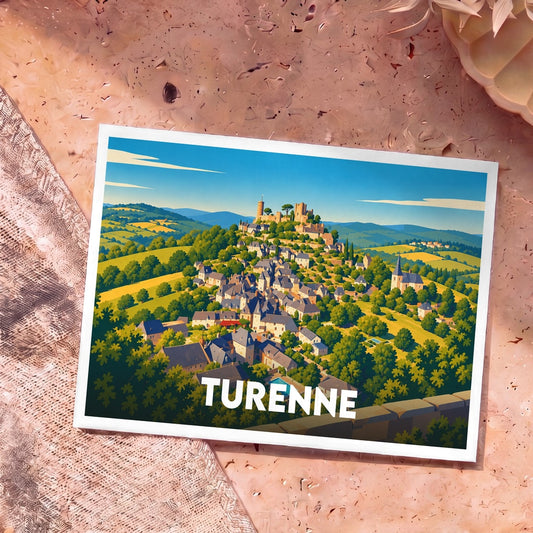 Carte postale souvenir de la ville de Turenne avec une illustration stylisée.