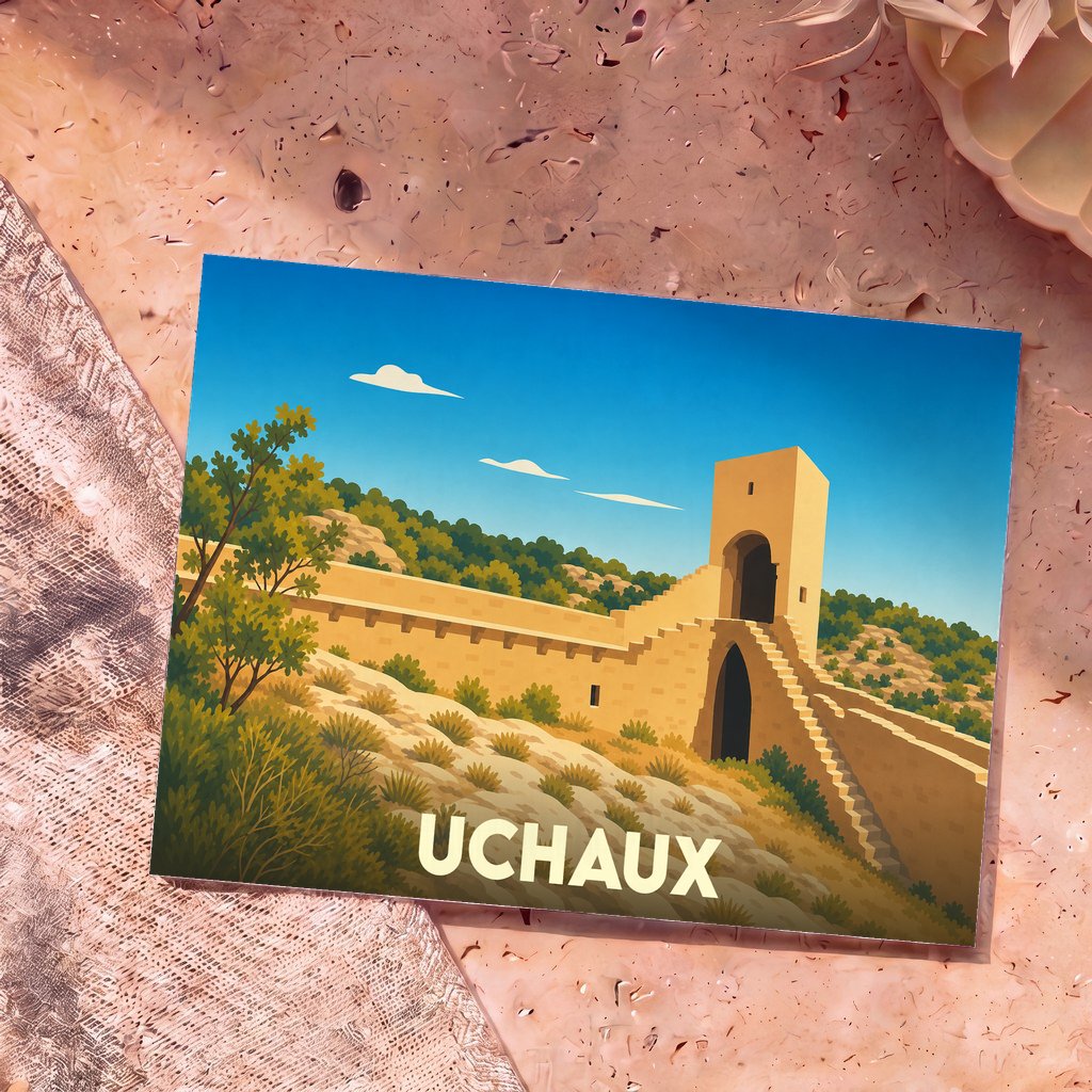 Carte postale souvenir de la ville d'Uchaux avec une illustration stylisée d'une muraille et d'une tour médiévale.