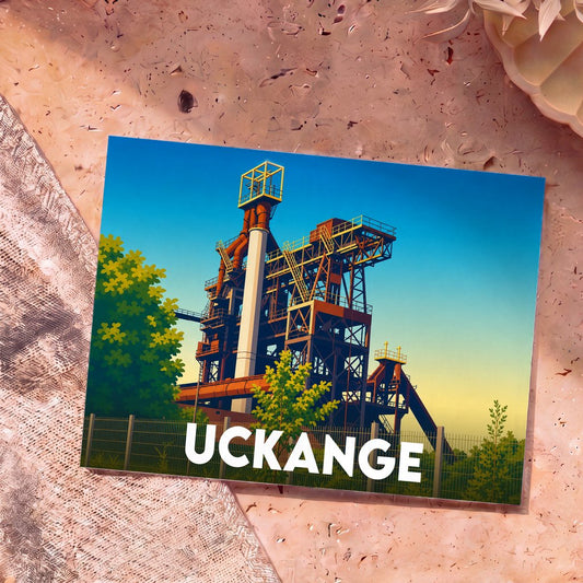 Carte postale souvenir de la ville d'Uckange avec une illustration stylisée de son haut-fourneau industriel.