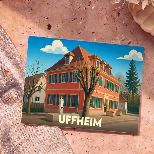 Carte postale souvenir de la ville d'Uffheim avec une illustration stylisée d'une maison alsacienne rouge.