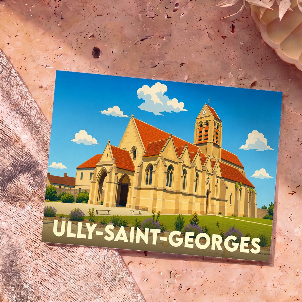 Carte postale souvenir de la ville d'Ully-Saint-Georges avec une illustration stylisée de son église sous un ciel bleu.