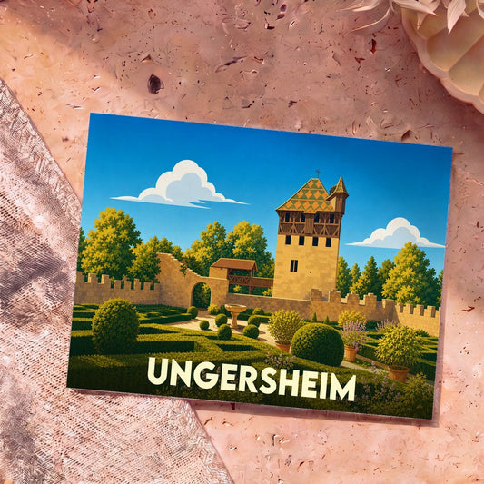 Carte postale souvenir de la ville d'Ungersheim représentant une illustration stylisée d'un jardin médiéval et de sa tour fortifiée.