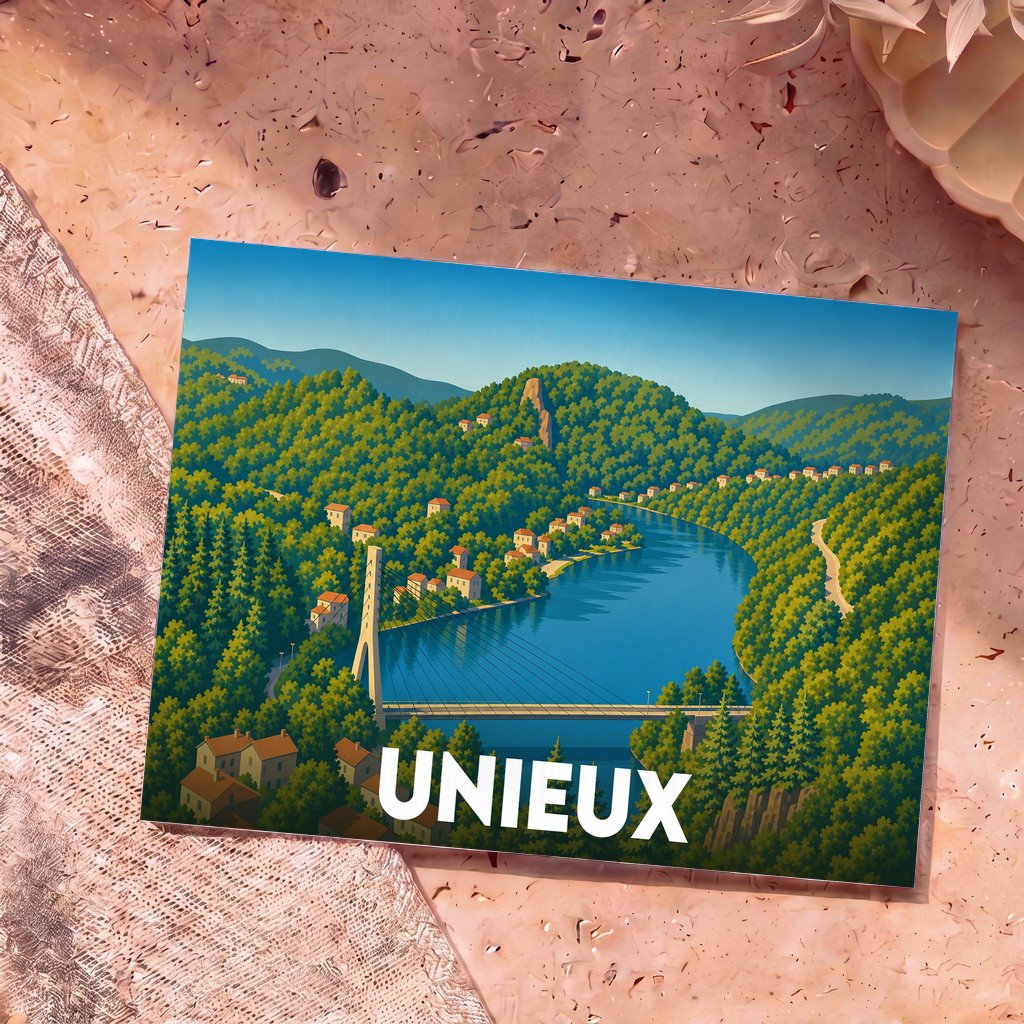 Carte postale souvenir de la ville de Unieux avec une illustration stylisée représentant son pont et le fleuve entouré de collines verdoyantes.