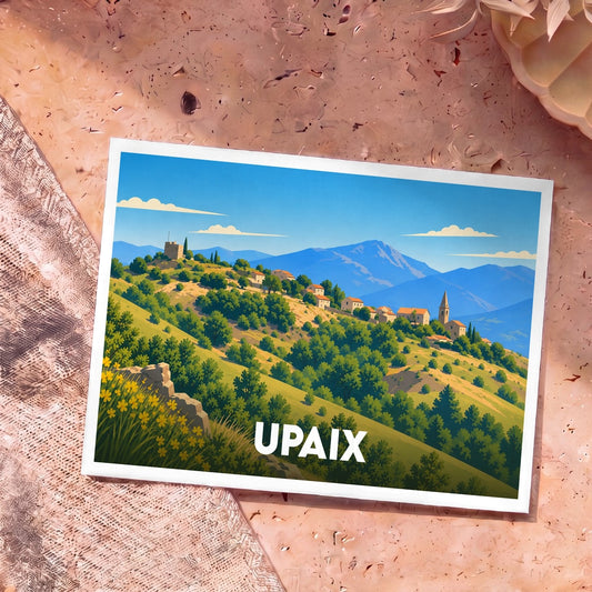 Carte postale souvenir de la ville d'Upaix avec une illustration stylisée de son village perché dans les montagnes.