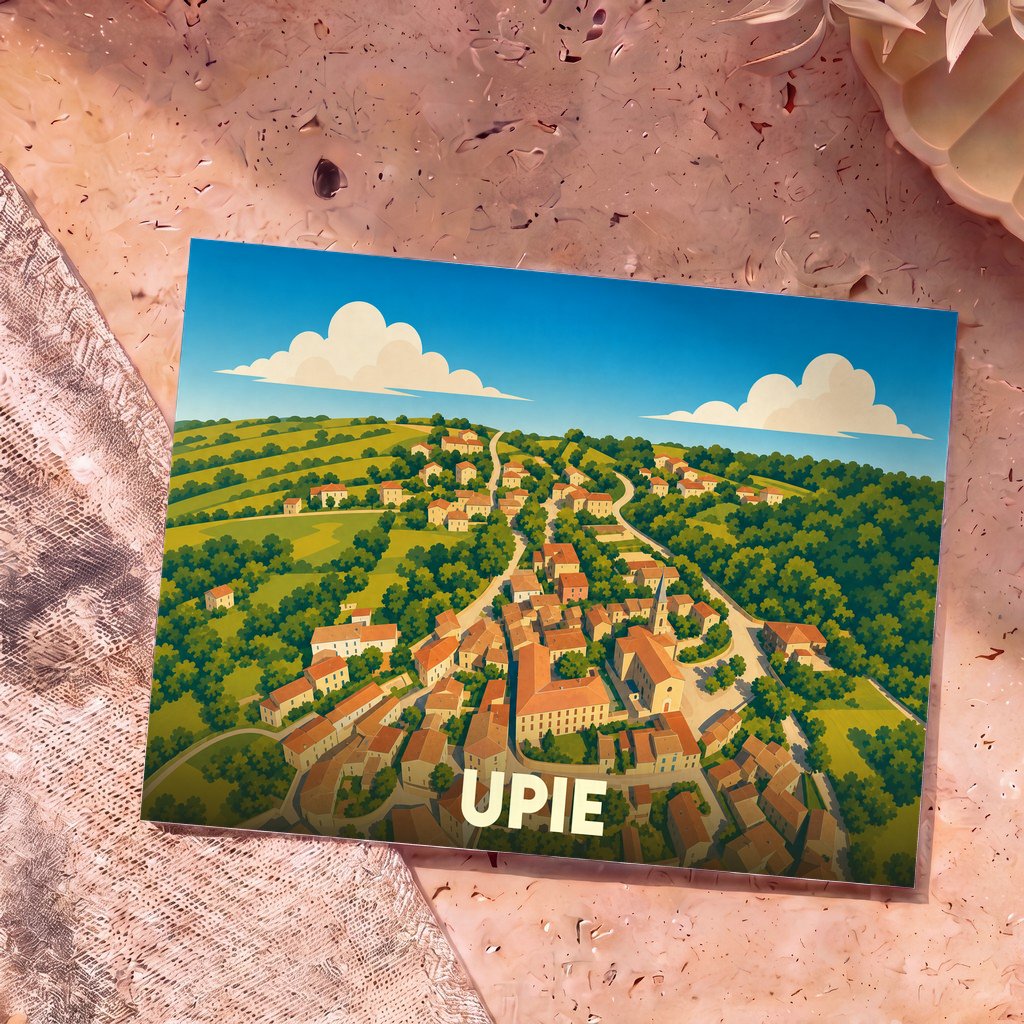 Carte postale souvenir de la ville d'Upie avec une illustration stylisée vue du ciel.