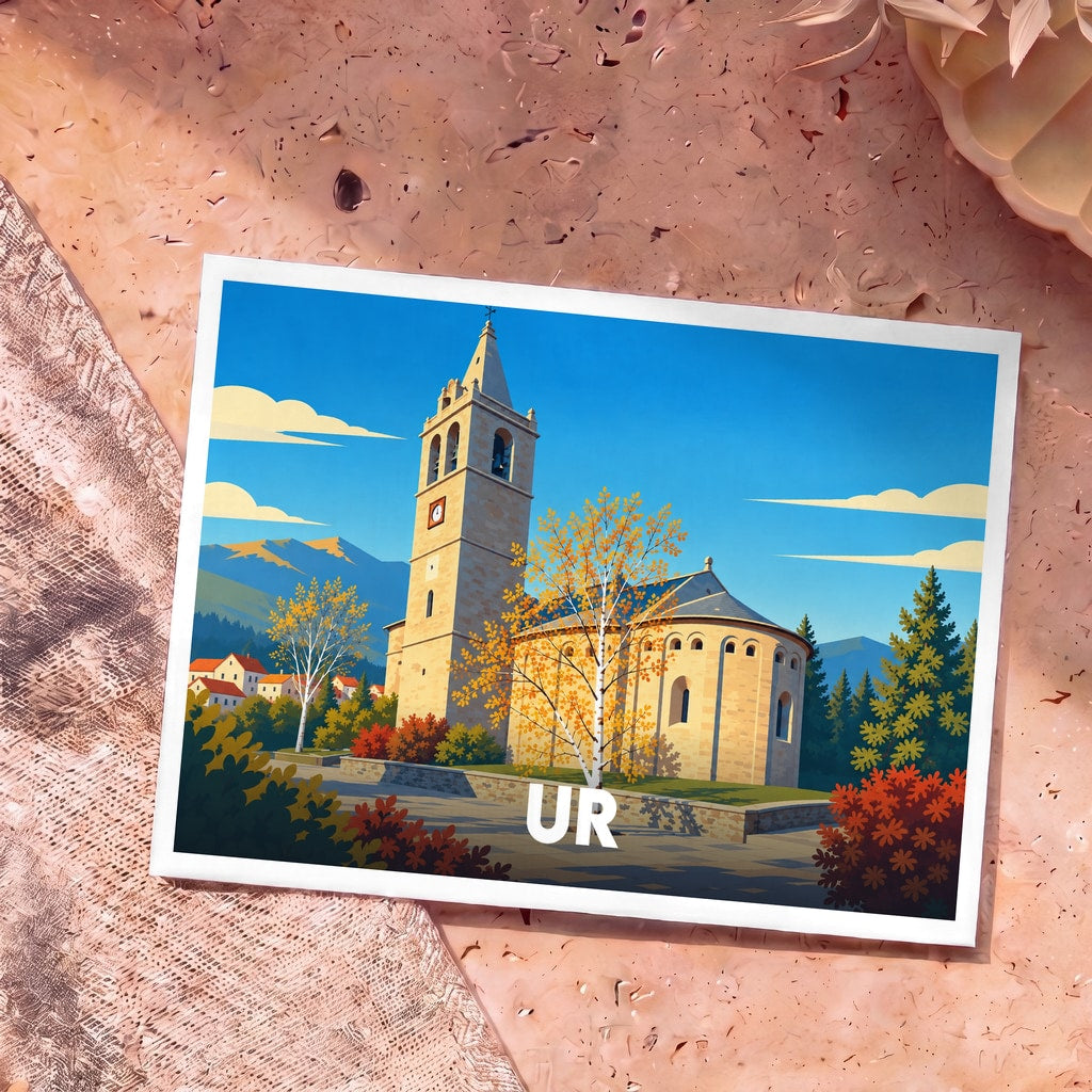 Carte postale souvenir de la ville de Ur avec une illustration stylisée d'une église romane des Pyrénées.