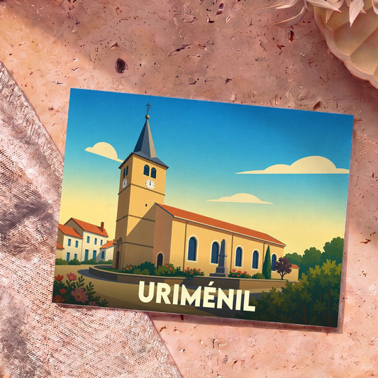 Carte postale souvenir de la ville d'Uriménil avec une illustration stylisée de son église.