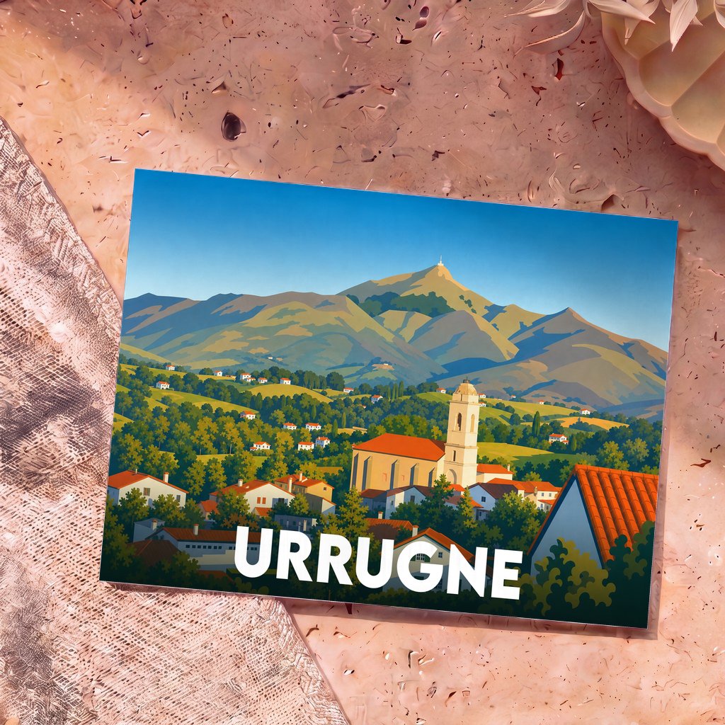 Carte postale souvenir de la ville d'Urrugne illustrant son église et les montagnes basques dans un style graphique épuré.
