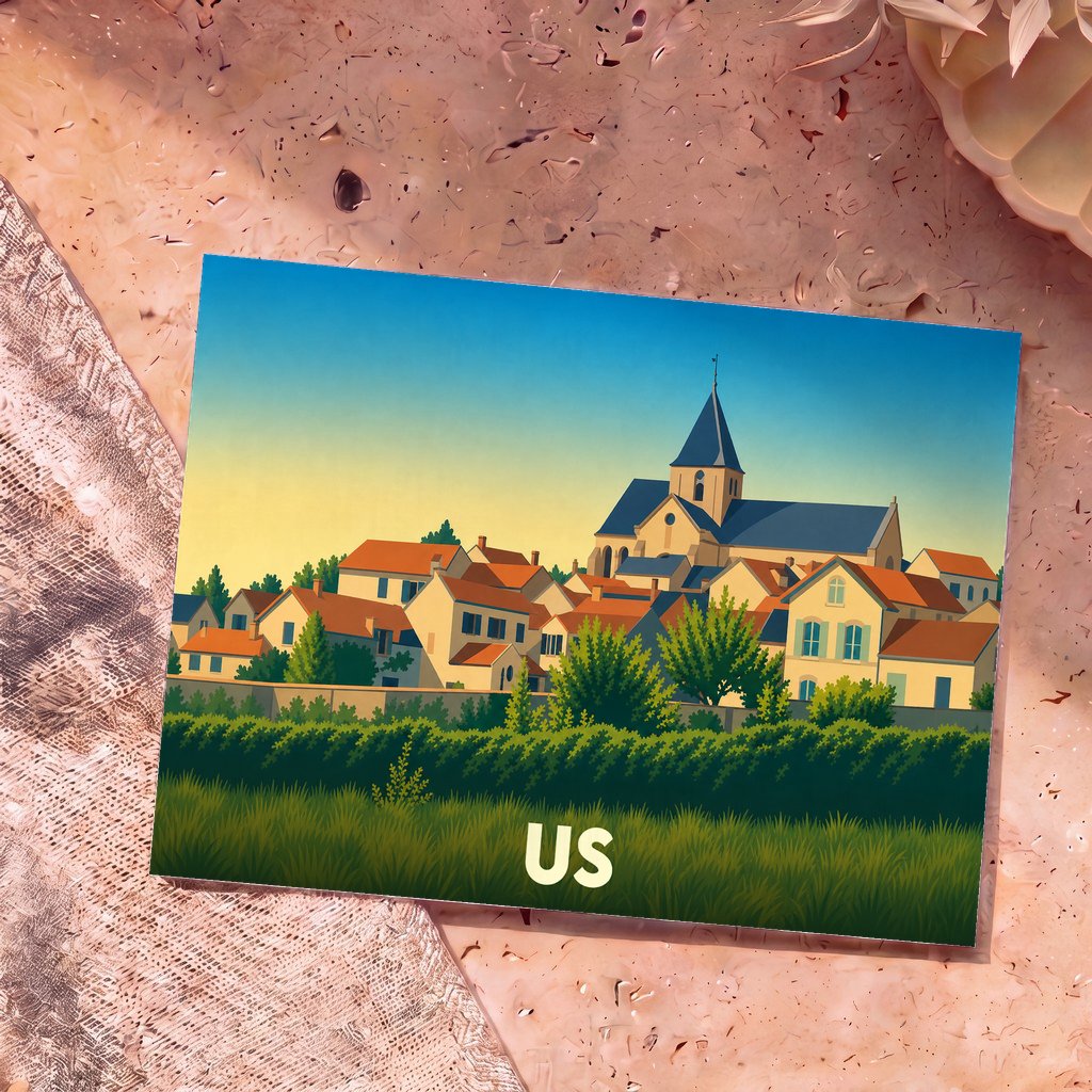 Carte postale souvenir de la ville de Us avec une illustration stylisée de son église et de ses maisons.